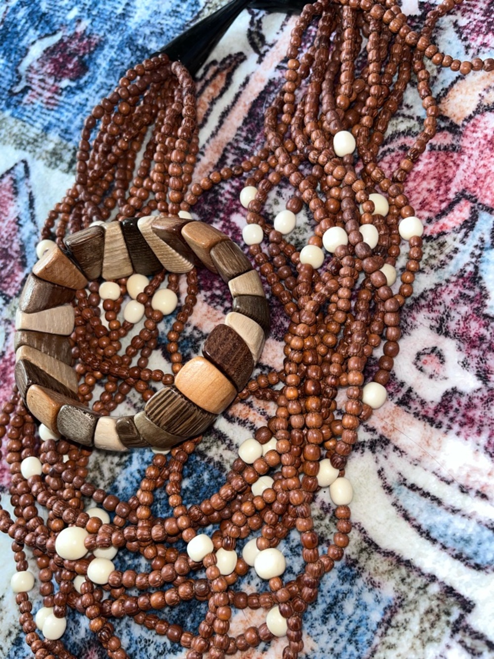 Multi-Strand Brown Beaded Necklace with Ivory Accents Wooden Stretch Bracelet